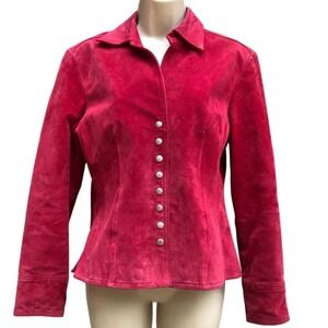 Vintage 90s Live a Little Red Suede Leather Button Down Jacket Blazer Lined 2X‎